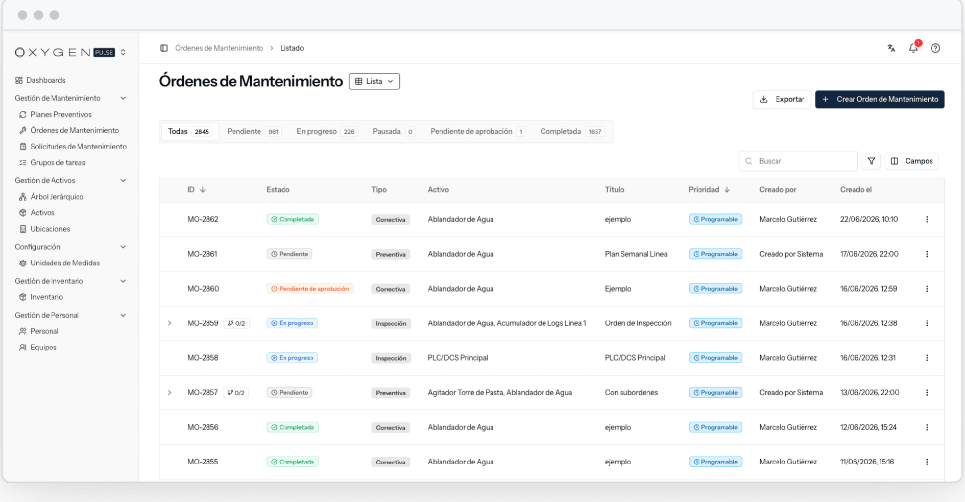 Pantalla de Órdenes de Mantenimiento en OxyPulse